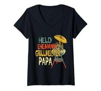 Mujer Héroe Marido Grillmeister Papa BBQ Grillen Vatertag Camiseta Cuello V