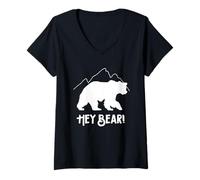 Mujer Hey Bear! Divertido Senderismo Al Aire Libre Negro Oso Grizzly Supervivencia Camiseta Cuello V