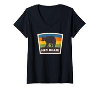 Mujer Hey Bear! Divertido Senderismo Al Aire Libre Negro Oso Grizzly Supervivencia Camiseta Cuello V