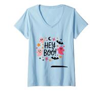 Mujer Hey Boo - Camisa Linda Rosa y Naranja con Estrellas Fantasmas y murciélagos Camiseta Cuello V