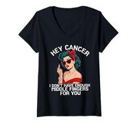Mujer hey cancer dedo medio conciencia sobre el cáncer Mes Chica Mujeres Camiseta Cuello V