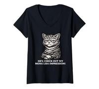 Mujer Hey, mira mi impresión de Mona Lisa! Gato Gracioso Camiseta Cuello V