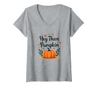 Mujer Hey There Calabaza Otoño Hojas Lindo Saludo Camiseta Cuello V, Gris Jaspeado, XL