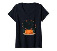 Mujer Hey There Calabaza Otoño Hojas Lindo Saludo Camiseta Cuello V, Negro, XL