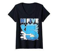 Mujer Hi 5 Five Crew - Fiesta Familiar a Juego, Color Azul Camiseta Cuello V