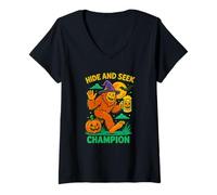 Mujer Hide and Seek Champion Funny Bigfoot Halloween Art Camiseta Cuello V