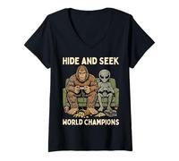 Mujer Hide and Seek World Champions Bigfoot Alien Video Games Camiseta Cuello V