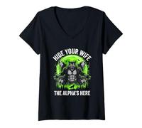 Mujer Hide Your Wife (The Alpha's Here) - Funny Wolf Meme Chicos Hombres Camiseta Cuello V