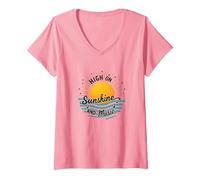 Mujer High on Sunshine and Music Summer Vibes Print Camiseta Cuello V, Rosado, S