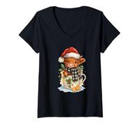 Mujer Highland Cow Christmas Mug Cute Santa Hat Watercolor Camiseta Cuello V