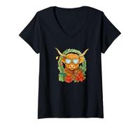 Mujer Highland Cow Christmas Wreath & Heart Glasses Watercolor Camiseta Cuello V