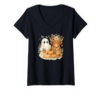 Mujer Highland Cow & Ghost Pumpkin Patch Watercolor Halloween Camiseta Cuello V
