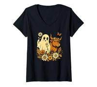 Mujer Highland Cow Ghost - Spooky Cute Retro Halloween Floral Camiseta Cuello V