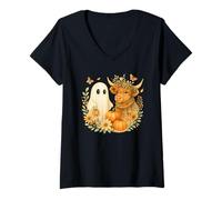 Mujer Highland Cow & Ghost Watercolor Pumpkin Patch Halloween Camiseta Cuello V