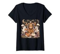 Mujer Highland Cow Halloween Glam Púrpura Calabazas Fantasmas Otoño Camiseta Cuello V