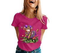 Mujer Highland Cow Hochlandrind Hochlands Vaca Moda Cómoda Camiseta Escocesa Vaca de las Tierras Altas Messy Bun Highland Vacas Campesinas Escocesas Tocado Flores Estampado Top, O Rosa Caliente, XXL