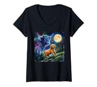 Mujer Highland Cow Howling at The Moon Night Sky Animal Art Camiseta Cuello V
