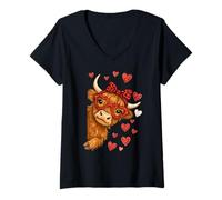 Mujer Highland Cow Valentine Mujer Funny Farm Cow Día de San Valentín Camiseta Cuello V