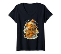 Mujer Highland Cow Winter Watercolor On Sled with Hot Cocoa Camiseta Cuello V