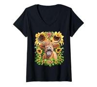 Mujer Highland Cow with Sunflowers For Women Funny Scottish Cow Camiseta Cuello V
