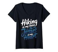 Mujer Hiking In My Veins Jesus In My Heart Faith Outdoors |- Camiseta Cuello V