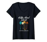 Mujer Hilton Head Island Carolina del Sur Coloridas Palmeras Retro Camiseta Cuello V