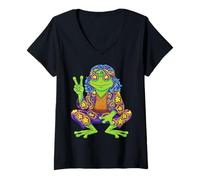 Mujer Hippie Frog Peace Hand Sign Tie Dye Retro 60s 70s Vintage Camiseta Cuello V