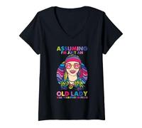 Mujer Hippie Vieja Señora Humor Signo de Paz Bailarina Divertido Vibra Retro Camiseta Cuello V