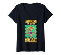 Mujer Hippie Vieja Señora Humor Signo de Paz Bailarina Divertido Vibra Retro Camiseta Cuello V