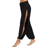 Mujer Hippies Pantalones Dividir Pata Color Sólido Verano Alta Cintura Tailandes Harem Boho Mujer Pantalones Harem Tailandes Danza Yoga Pants Parte Inferior Dividida Verano Playa(A Negro,L)