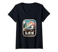 Mujer Hirosaki Castle Japón Retro Tren Vintage Kanji Souvenir Camiseta Cuello V