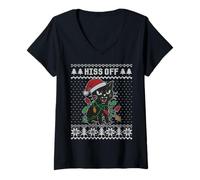 Mujer Hiss Off Gato Feo suéter de Navidad, Juego de Palabras de Gato silbando Camiseta Cuello V