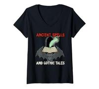 Mujer Historias Antiguas Hechizos góticos Bookworm Bibliotecario Murciélago de Halloween Camiseta Cuello V