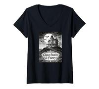Mujer Historias de Fantasmas y poesía Murciélagos Casa embrujada Poeta gótico Camiseta Cuello V