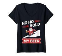 Mujer Ho Ho Hold My Beer Divertido Diseño Navidad Navidad Divertido Camiseta Cuello V