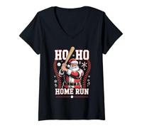 Mujer Ho Ho Home Run Béisbol Navidad Divertido Vacaciones Deportes Santa Camiseta Cuello V