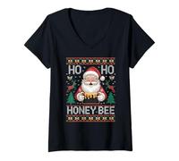 Mujer HO HO Honey Bee Santa Ugly Christmas Pun Camiseta Cuello V