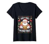 Mujer HO HO Honey Cute Bee Santa Ugly Christmas Pun Camiseta Cuello V