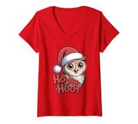 Mujer Ho Ho Hoot Cute Holiday Animal Juego de Palabras Divertido búho Navidad Camiseta Cuello V