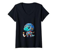 Mujer Hockey Hielo Dino Amistoso Dino Juega Camiseta Cuello V