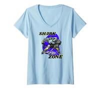 Mujer Hockey Hielo tiburón Ataque Puck Fan Puerta Peligroso Tatuaje Camiseta Cuello V