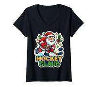 Mujer Hockey sobre Hielo Claus Santa Feliz Navidad Divertido Jugador Amante Camiseta Cuello V