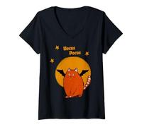 Mujer Hocus Pocus Lindo Gato Naranja de Halloween con Estrellas de Luna Camiseta Cuello V