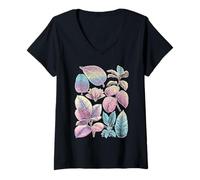 Mujer Hojas de Goma Pastel Collage Higo Planta Botánica Dreamy Art Camiseta Cuello V