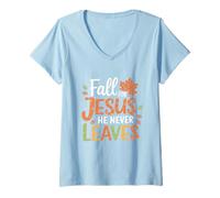 Mujer Hojas Otoño Mujeres Cristianas Se enamoran de Jesús Que Nunca Deja Camiseta Cuello V