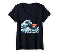 Mujer Hokusai Great Wave Pixel Art - Gráfico Retro japonés de 8 bits Camiseta Cuello V