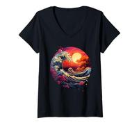 Mujer Hokusai La Gran Ola de Kanagawa Nippon Japón Manga Tokio Camiseta Cuello V