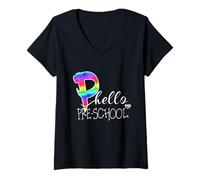 Mujer Hola diversión Preescolar Equipo de Regreso a Clases Estudiantes Maestros Camiseta Cuello V
