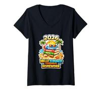 Mujer Hola Verano Adiós Tarea 2026 Último día de Clases Camiseta Cuello V