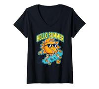 Mujer Hola Verano Sol Skateboard Playa Vacaciones Surf Divertido Camiseta Cuello V